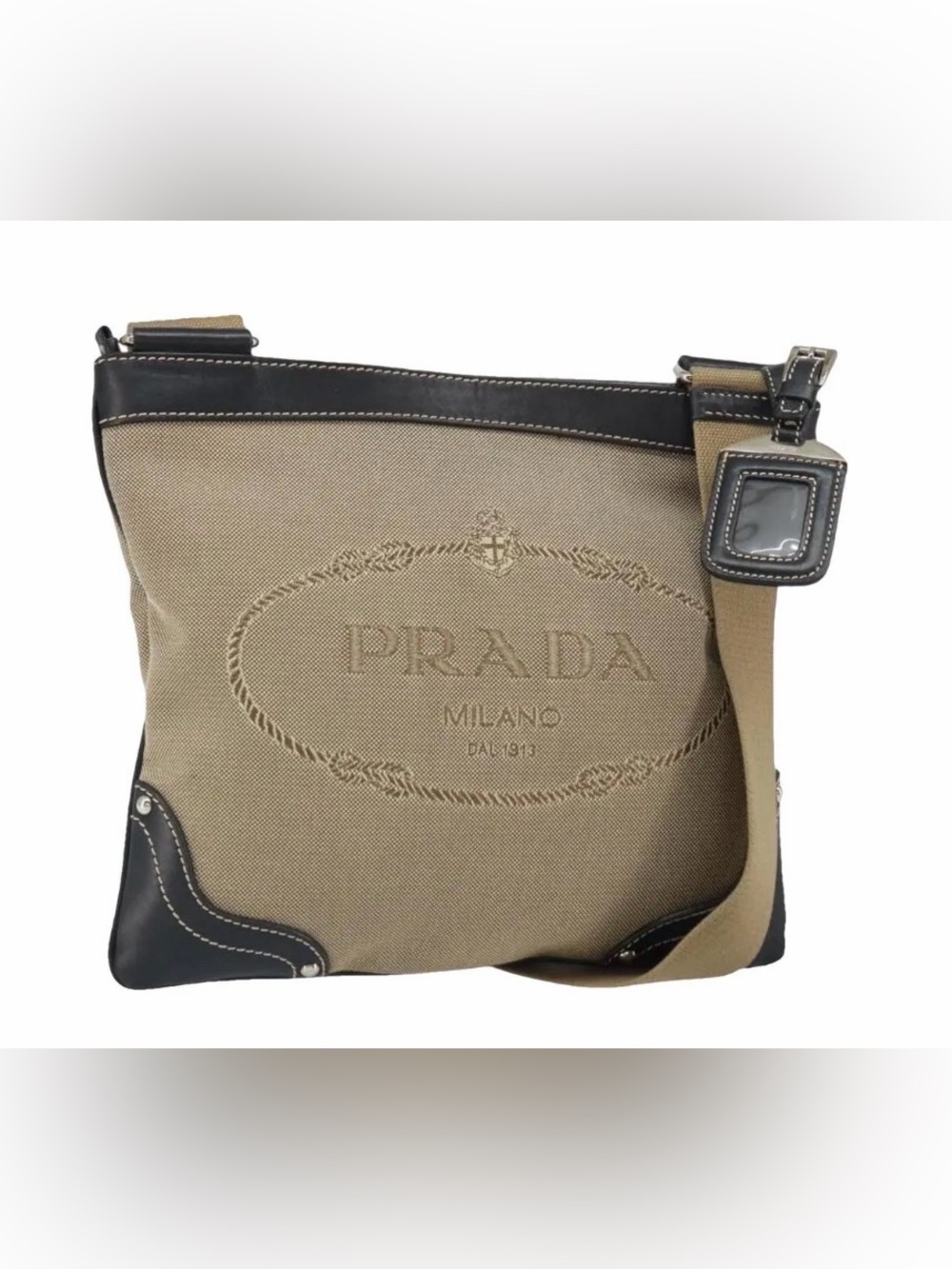 Prada Beige Canvas Messenger Bag with Black Trim